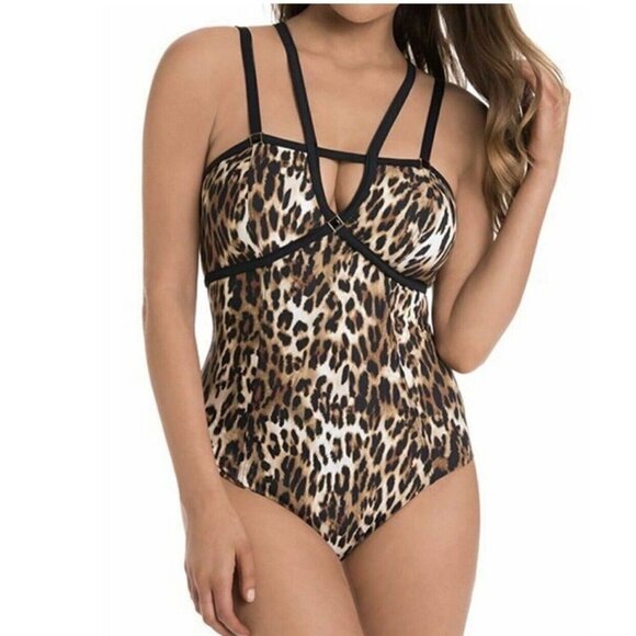 Amoressa Never Say Never Vesper One Piece Swimwear Size 14 Brown Leopard Strappy - Picture 4 of 10